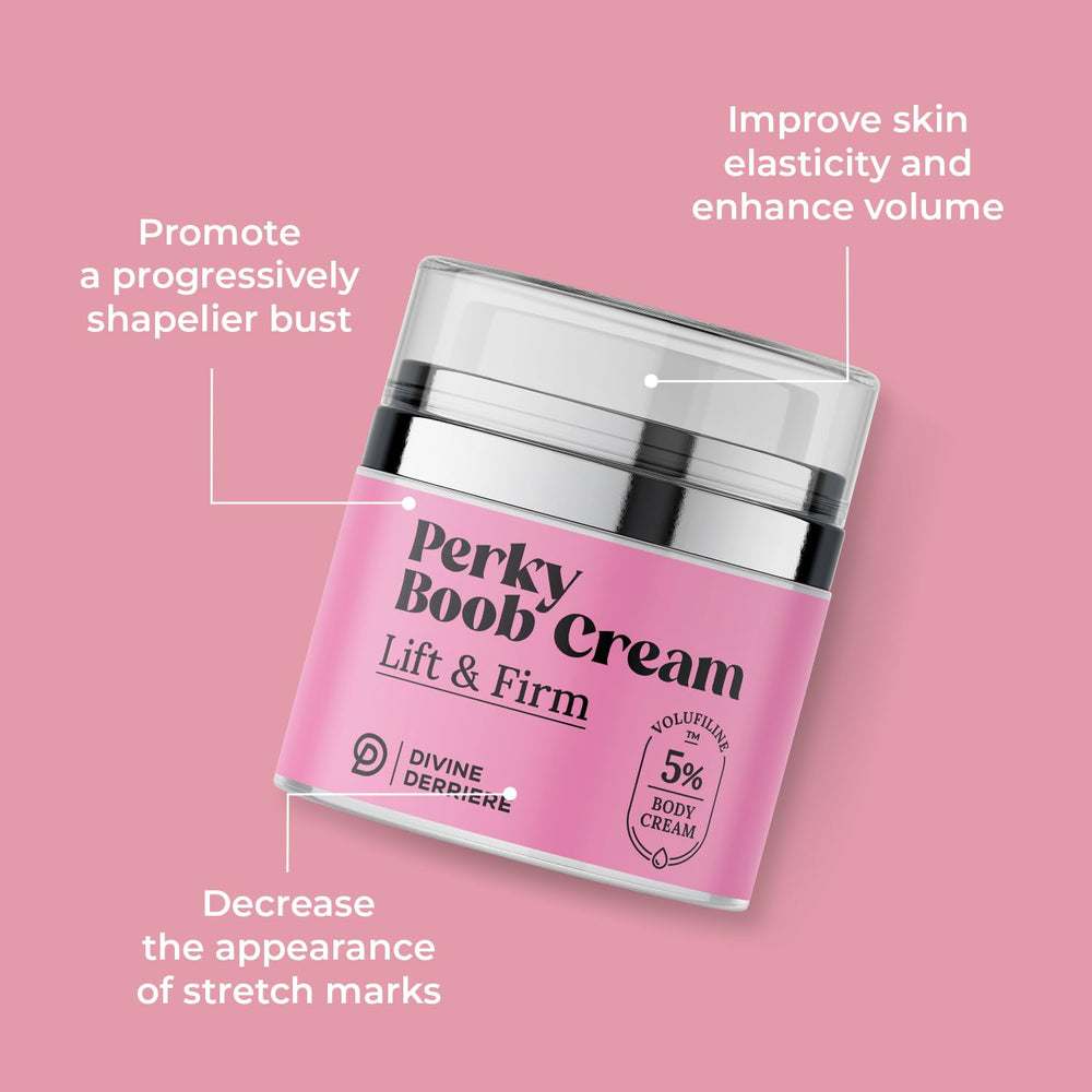 Divine Derriere Perky Body Cream packaging front signaling premium formula and ethics.