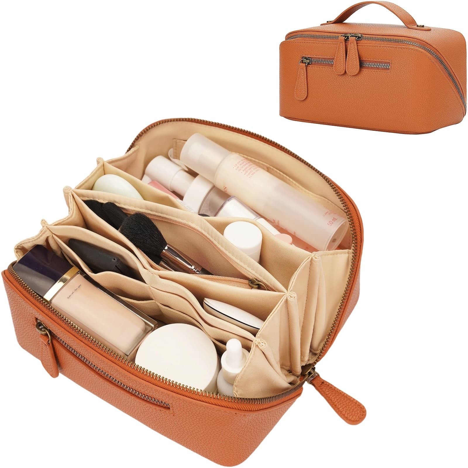 Divvia travel makeup bag opened flat for quick, organized access.