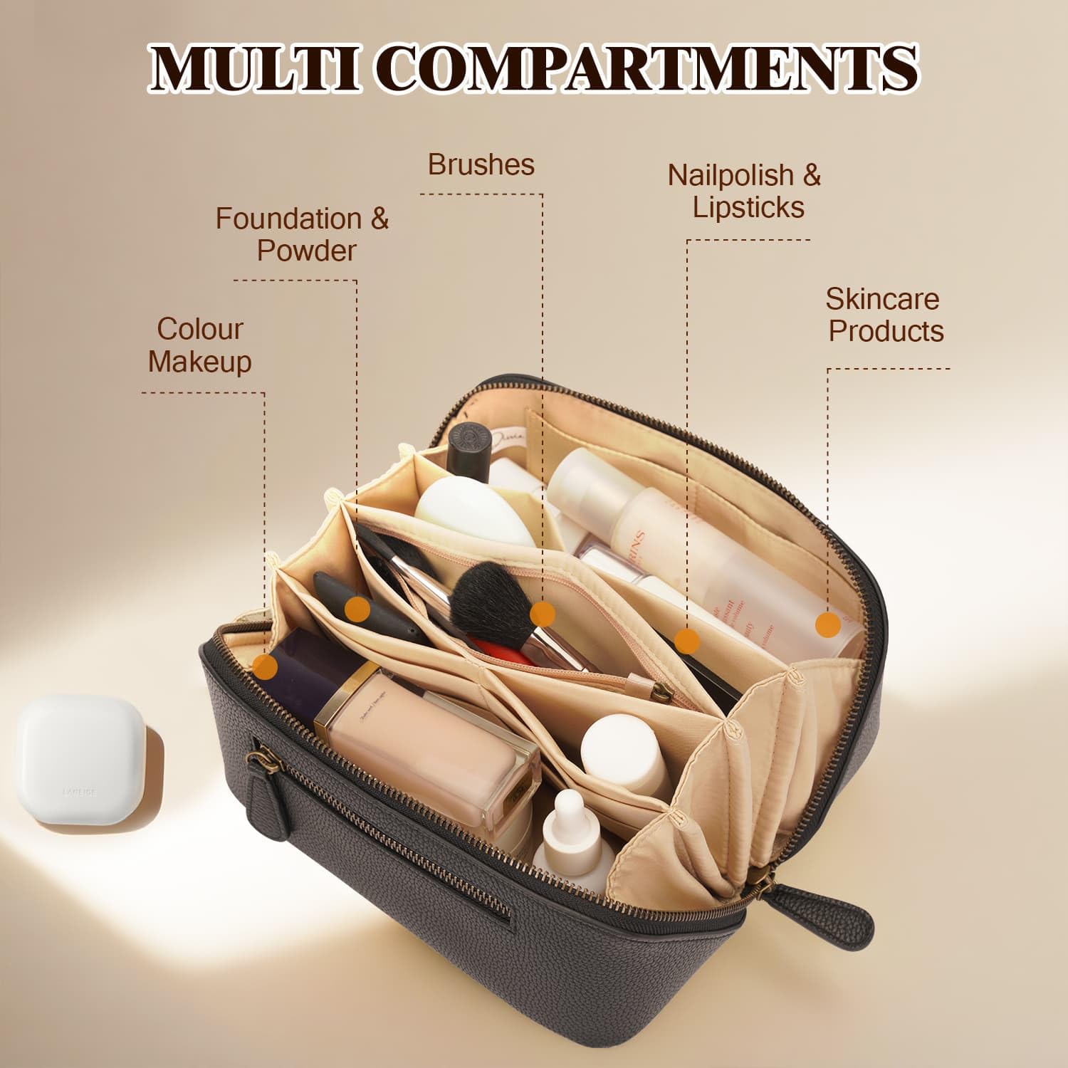 Divvia travel makeup bag-waterproof-material highlights durable PU leather against spills
