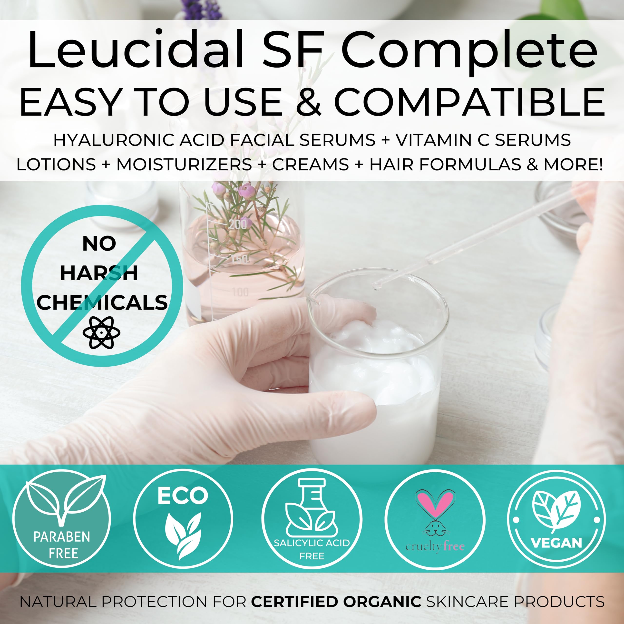 DIY skincare lotion base setup featuring Leucidal SF Complete.