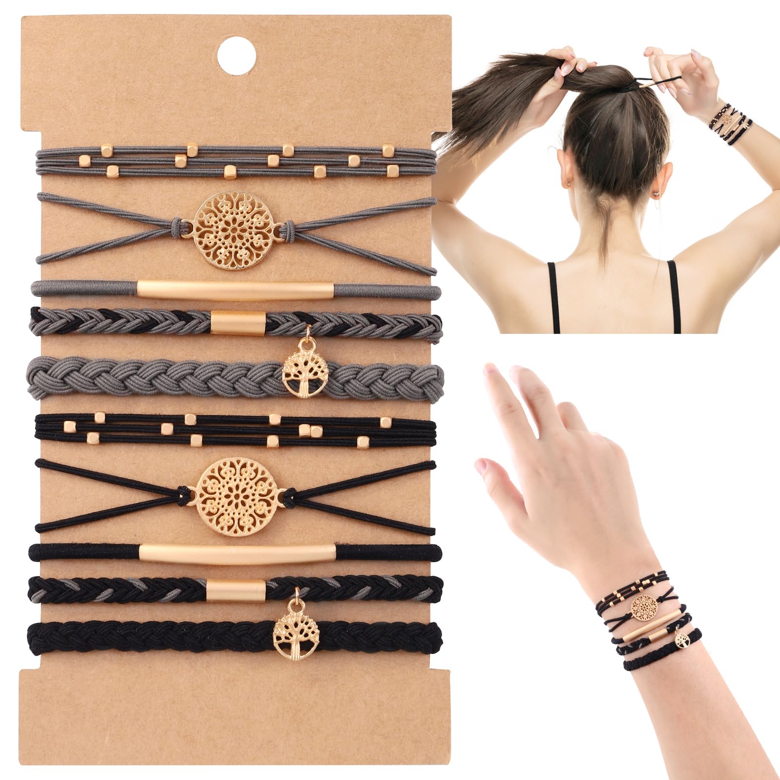DIYDEC 10-piece hair ties bracelet set in five styles for versatile, no-damage wear