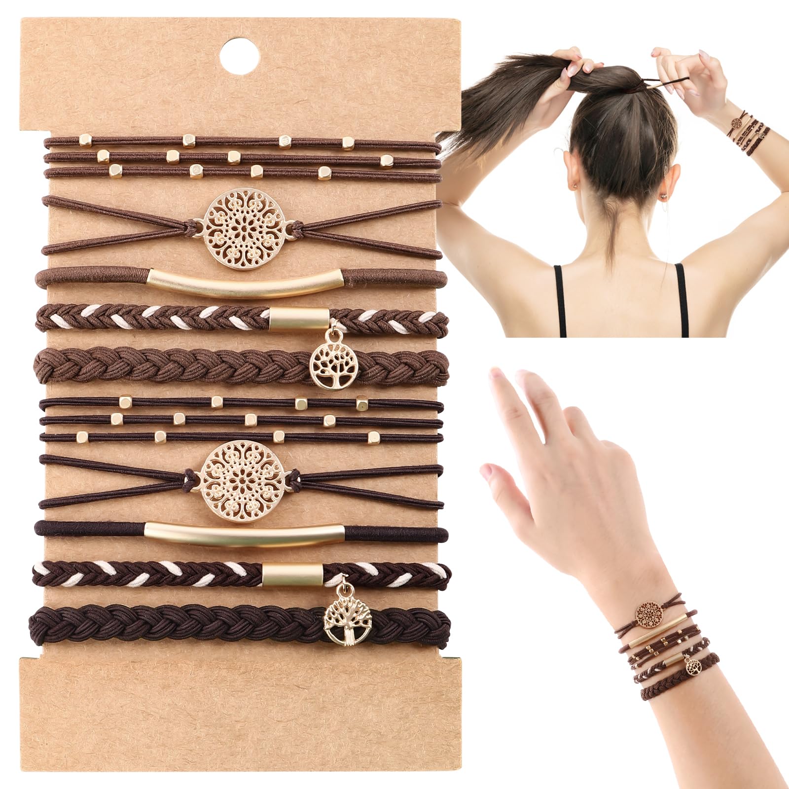 DIYDEC hair ties bracelet set shows 10 pieces in 5 styles for versatile daily wear.