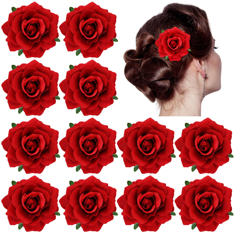 Dizila flamenco red rose brooch enhances a wedding outfit with romantic detail.