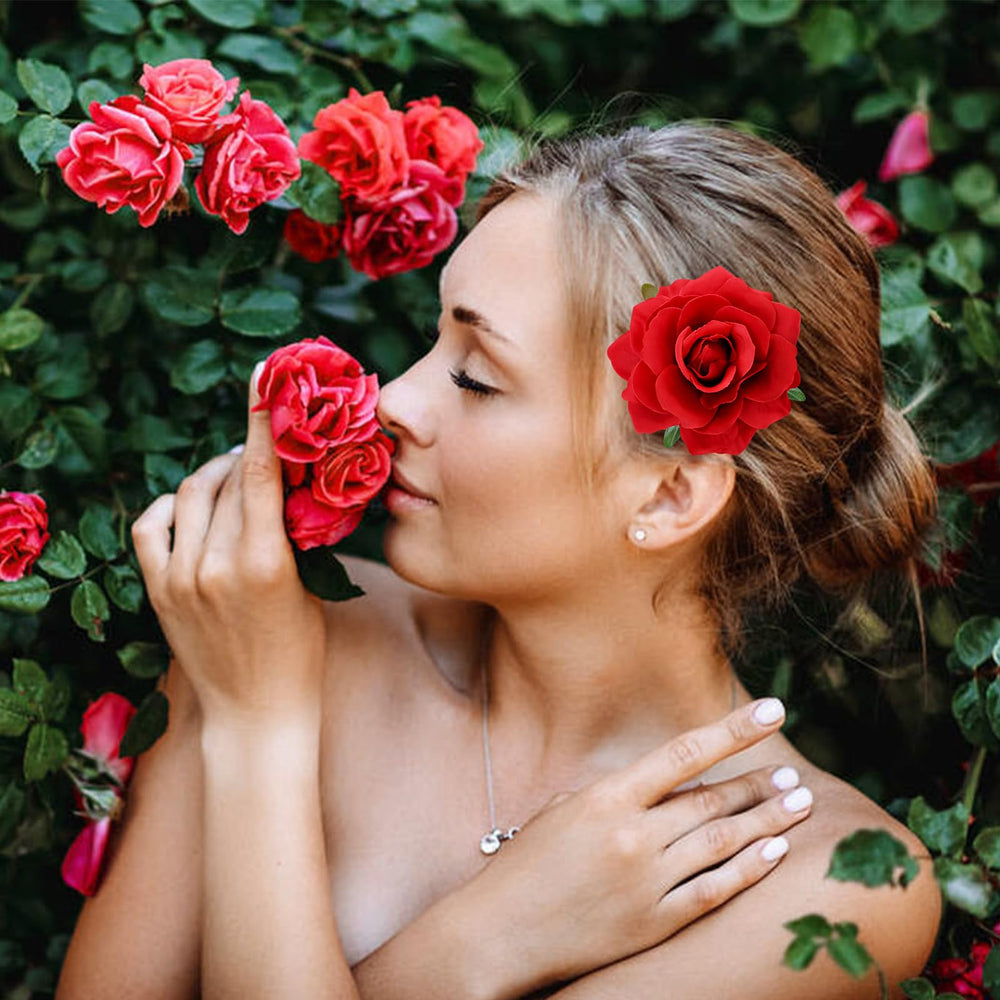 Dizila red rose hair clip accents an updo for prom night.