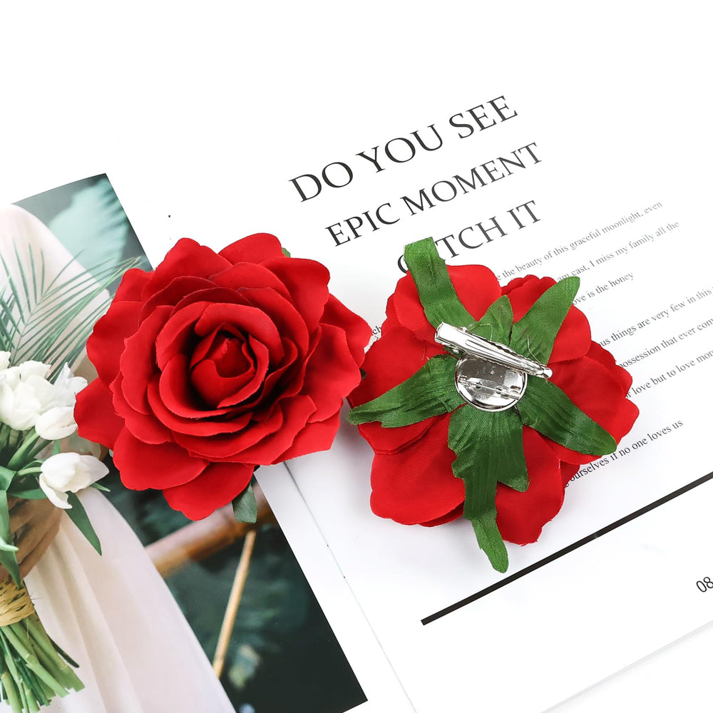 Dizila red flower accessory complements dresses and other headpieces.