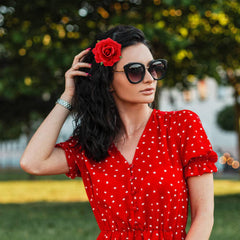 Dizila fabric rose pin decorates hats, bags, or shoes with bold color.