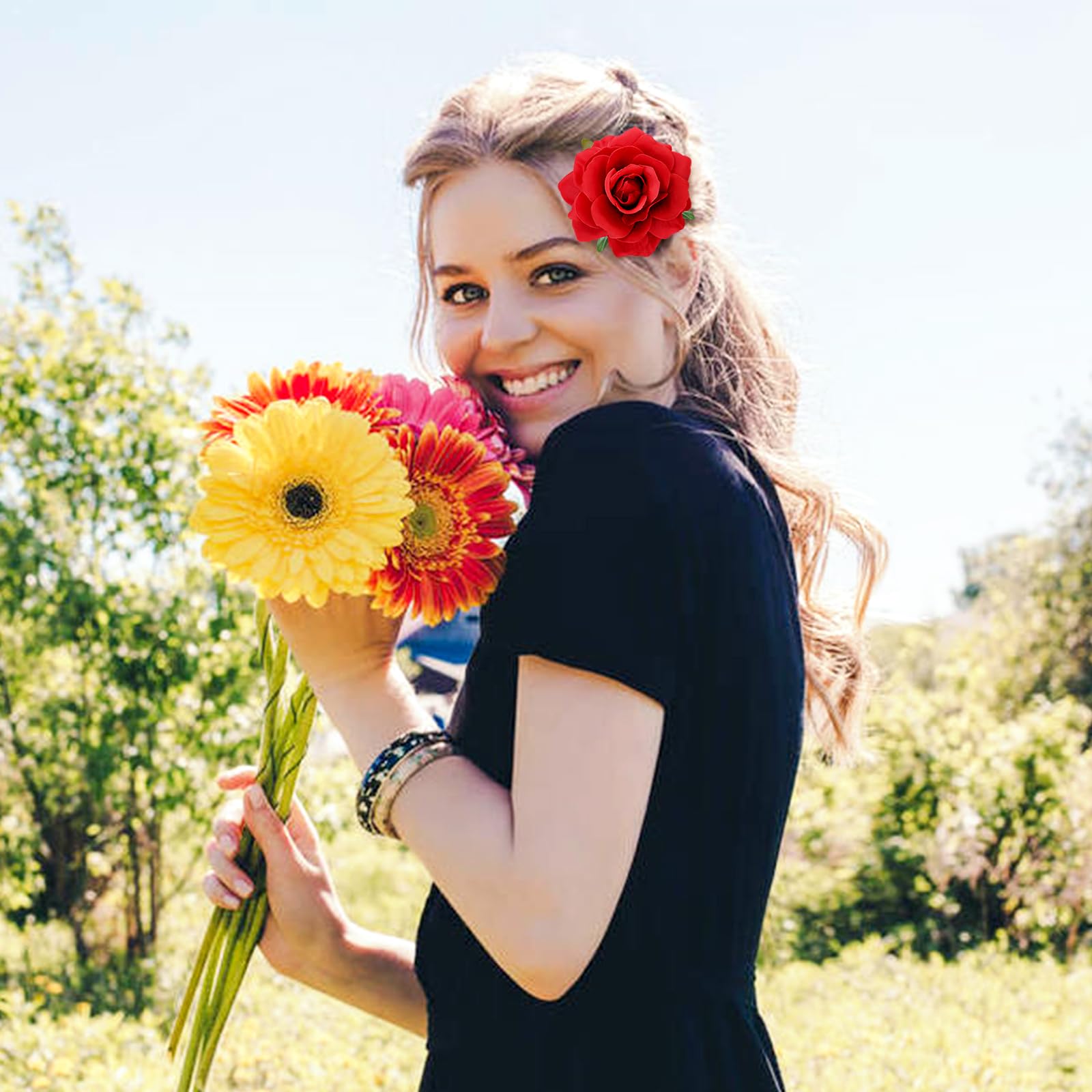 Dizila rose brooch doubles as a clip for versatile event styling.