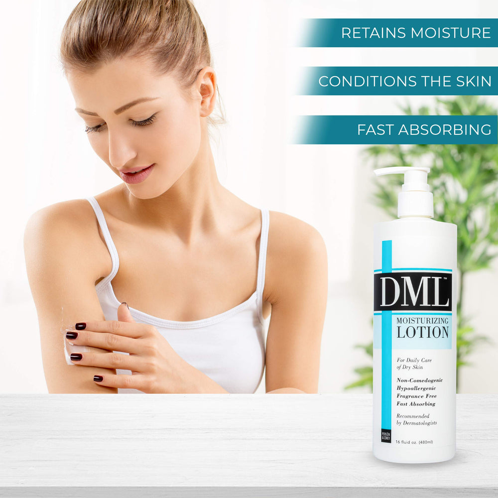 DML Moisturizing Lotion contains dimethicone for a protective, softened skin feel.