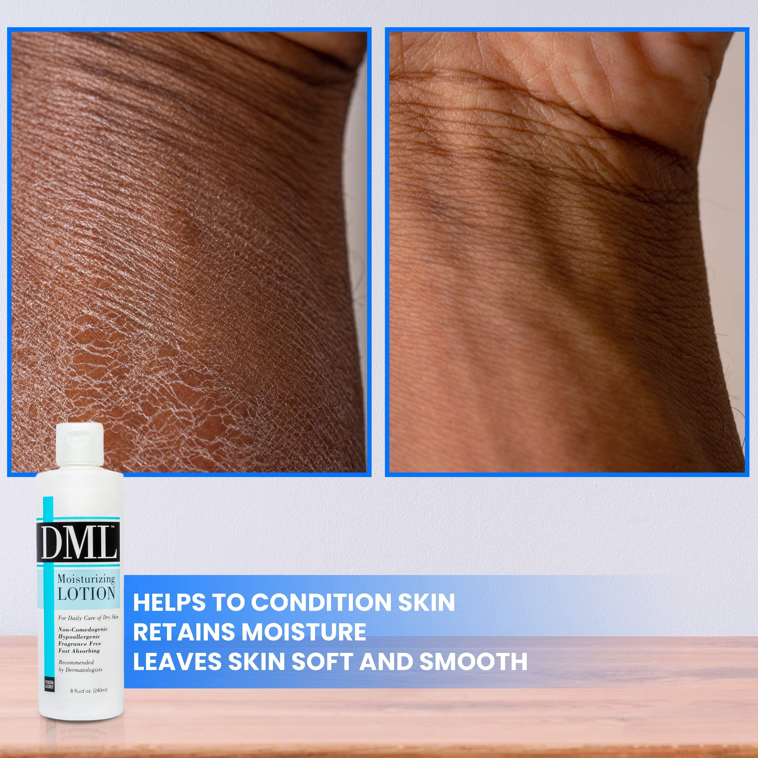 DML fragrance-free 8oz bottle back showing easy daily moisturization without residue.