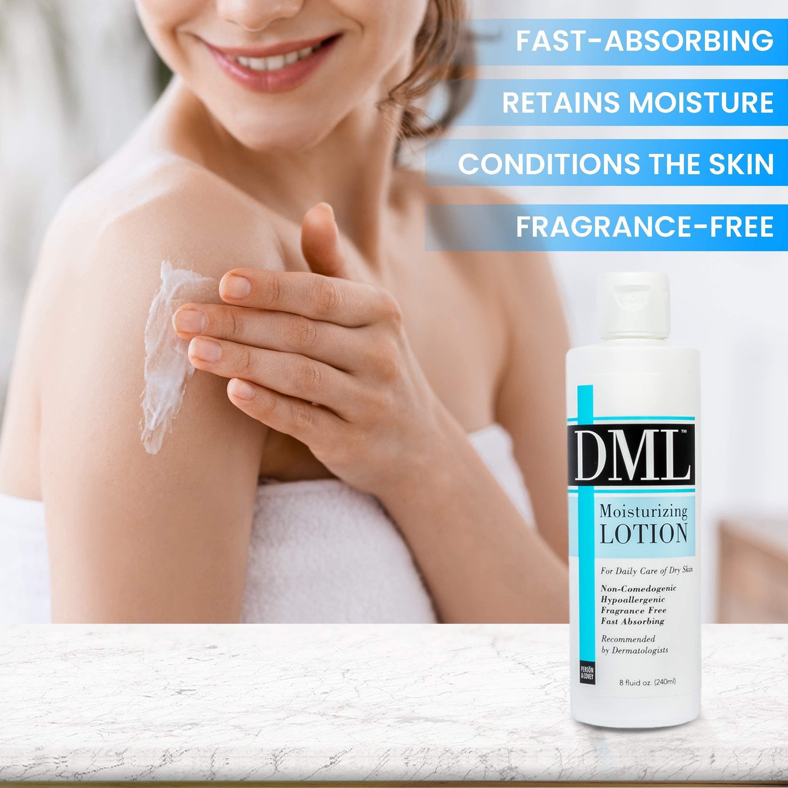DML dermatologist-recommendation badge signaling trusted daily skincare support.