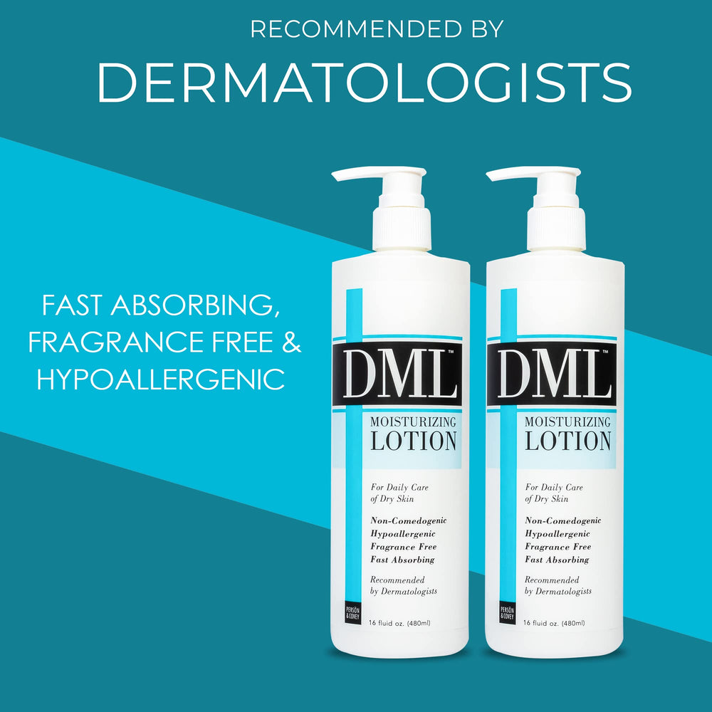 DML Moisturizing Lotion highlights fragrance-free, hypoallergenic formula for sensitive skin.