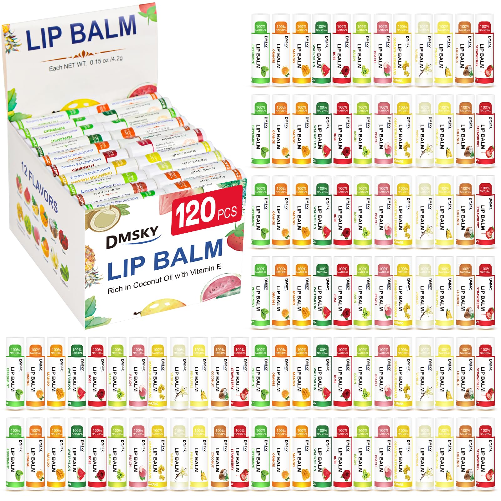 DMSKY lip balm 120-pack in assorted flavors for daily moisture and sharing