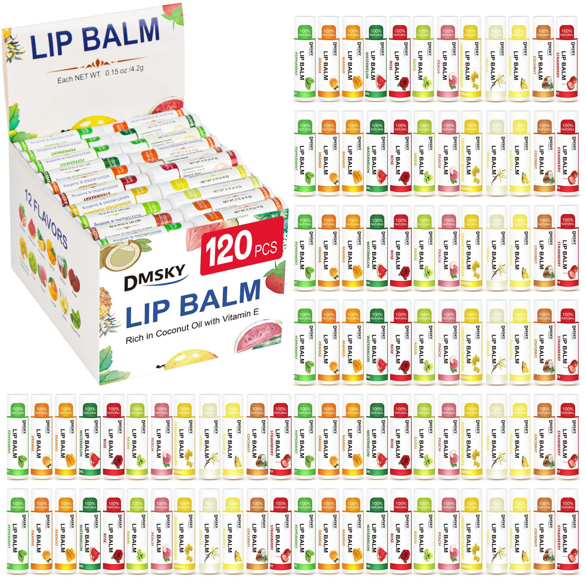 DMSKY lip balm 120-pack in assorted flavors for daily moisture and sharing