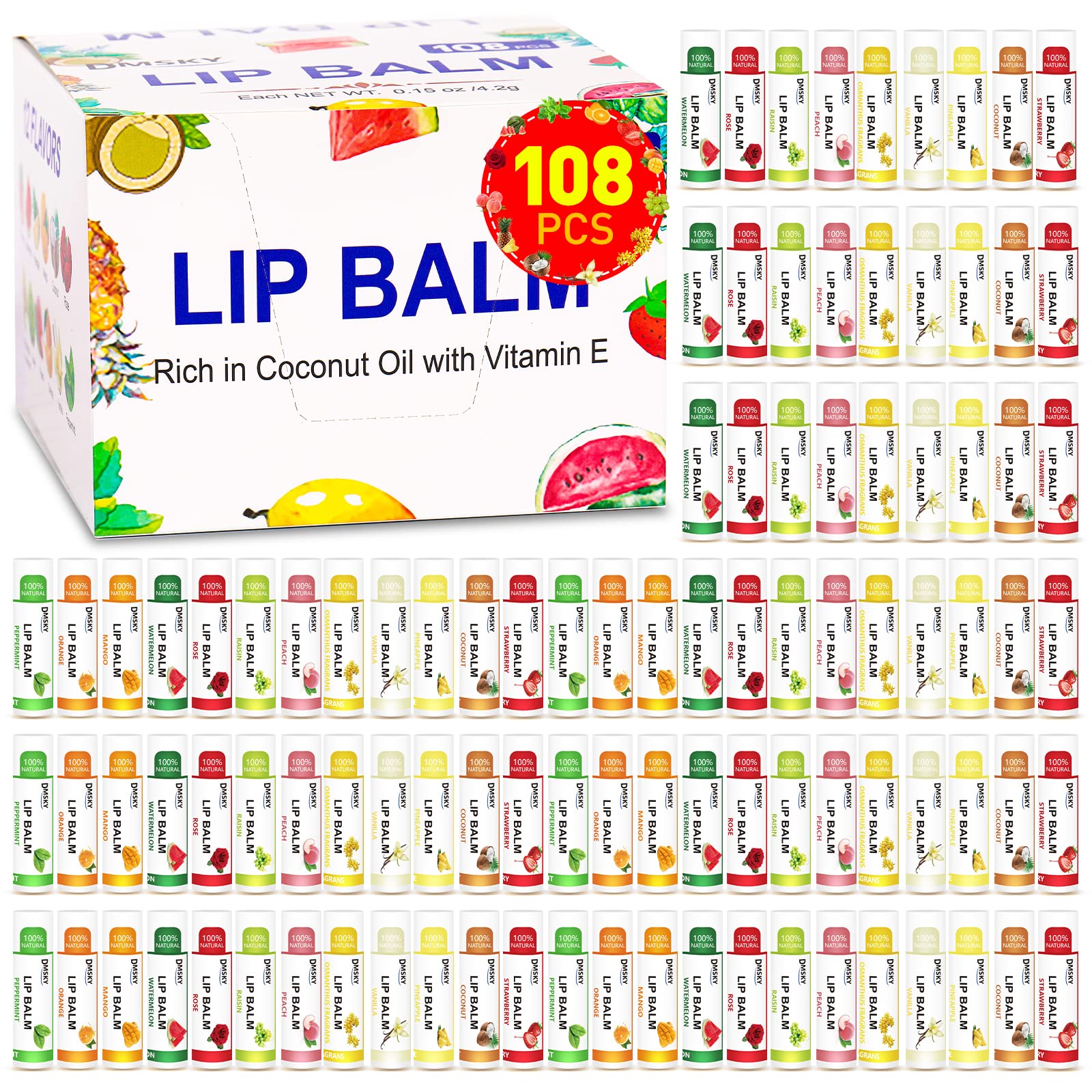 DMSKY lip balm 108-pack on display for bulk gifting and daily moisture.