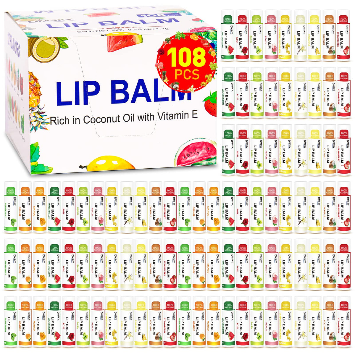 DMSKY lip balm 108-pack on display for bulk gifting and daily moisture.