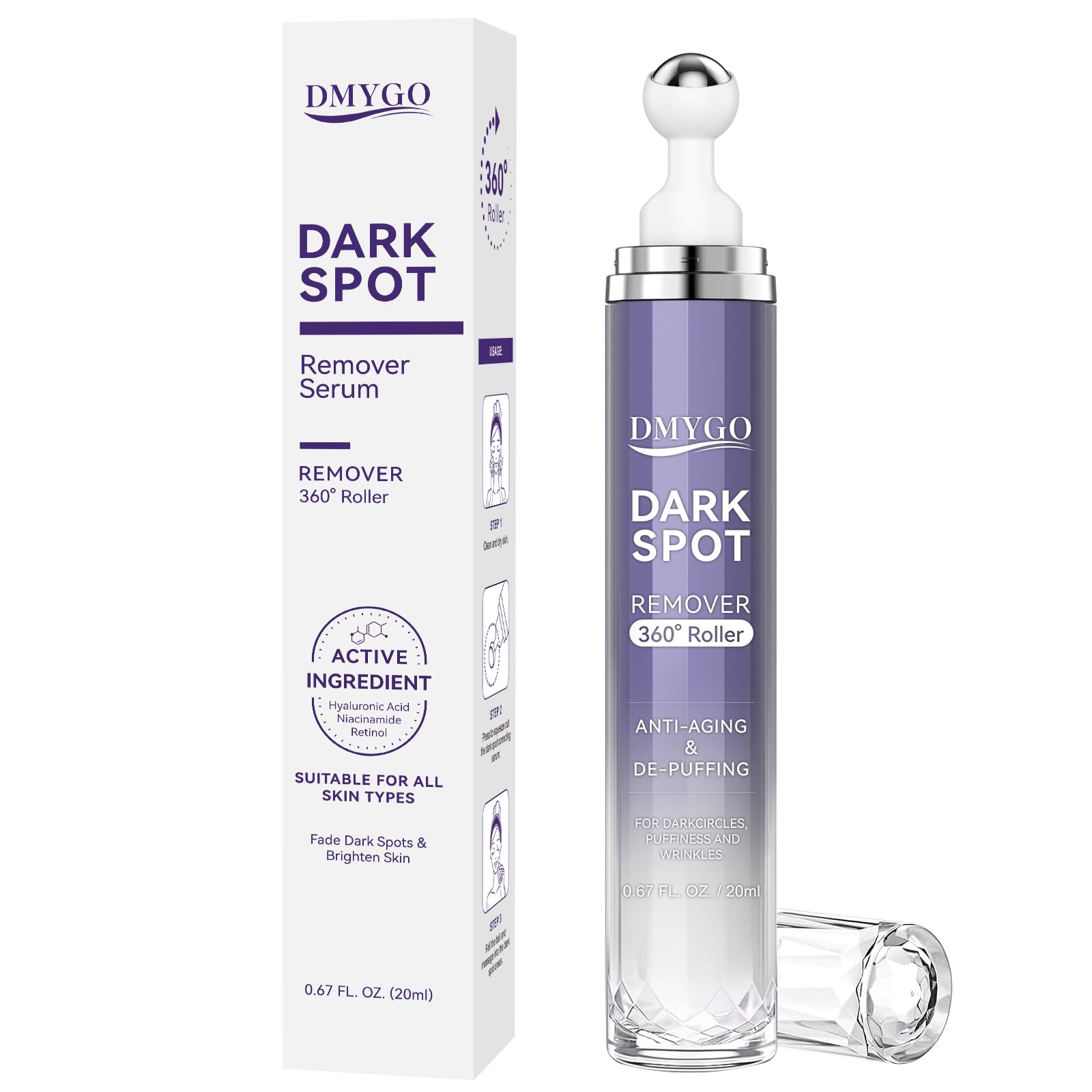 DMYGO dark-spot-remover roller on face for targeted spot reduction and even tone.