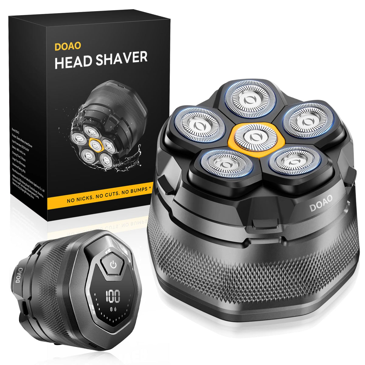 DOAO A6-Plus head shaver close-up showing magnetic blades for quick close shave.