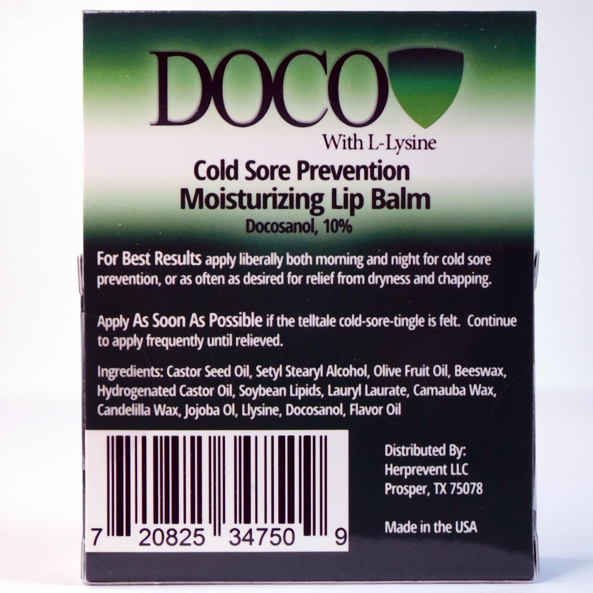 DOCO DocoShield lip balm ingredients lysine and docosanol highlighted for gentle lip care