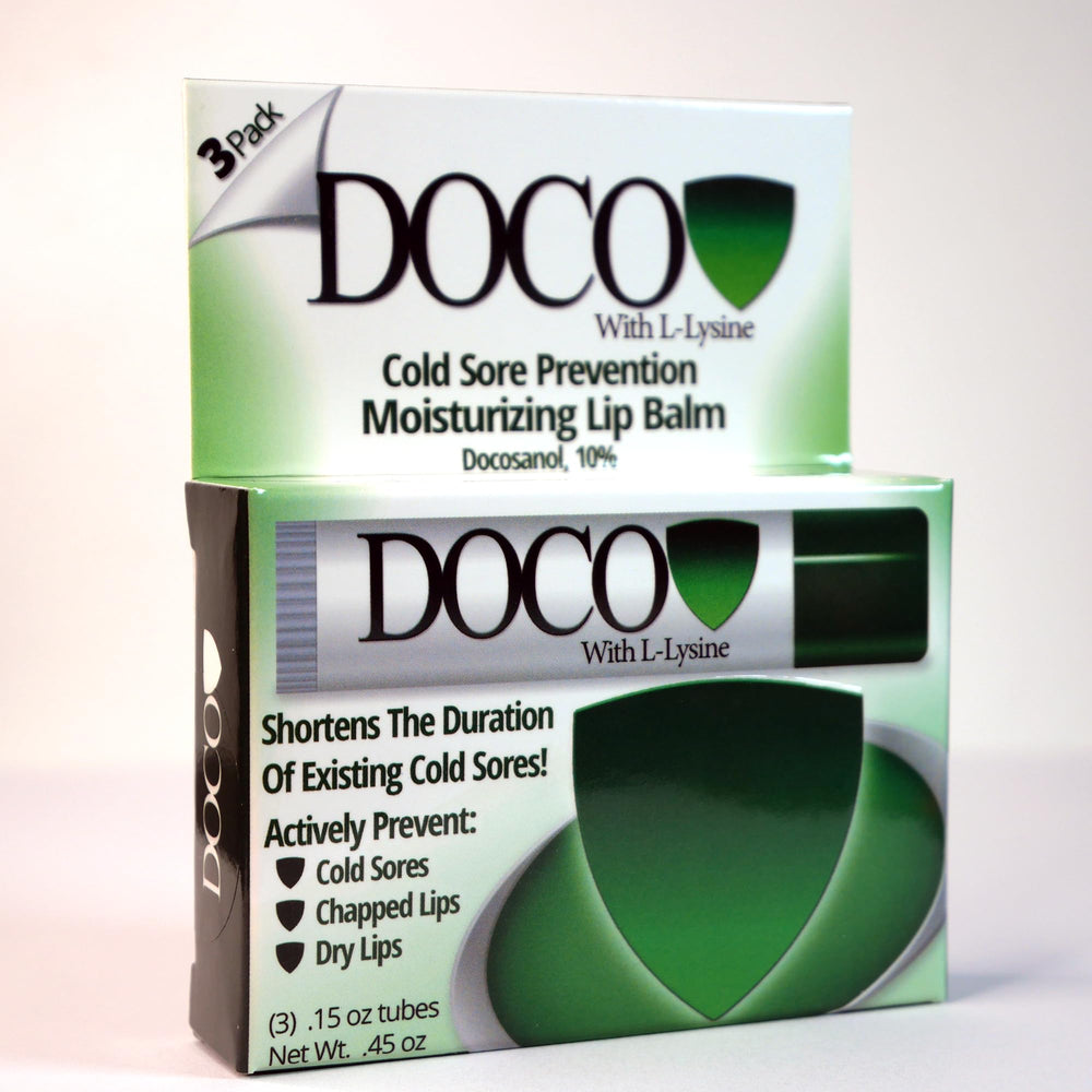DocoShield lip balm packaging close-up showcasing packaging and protective formula benefits
