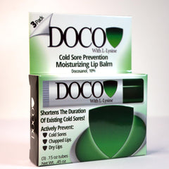 DocoShield lip balm packaging close-up showcasing packaging and protective formula benefits