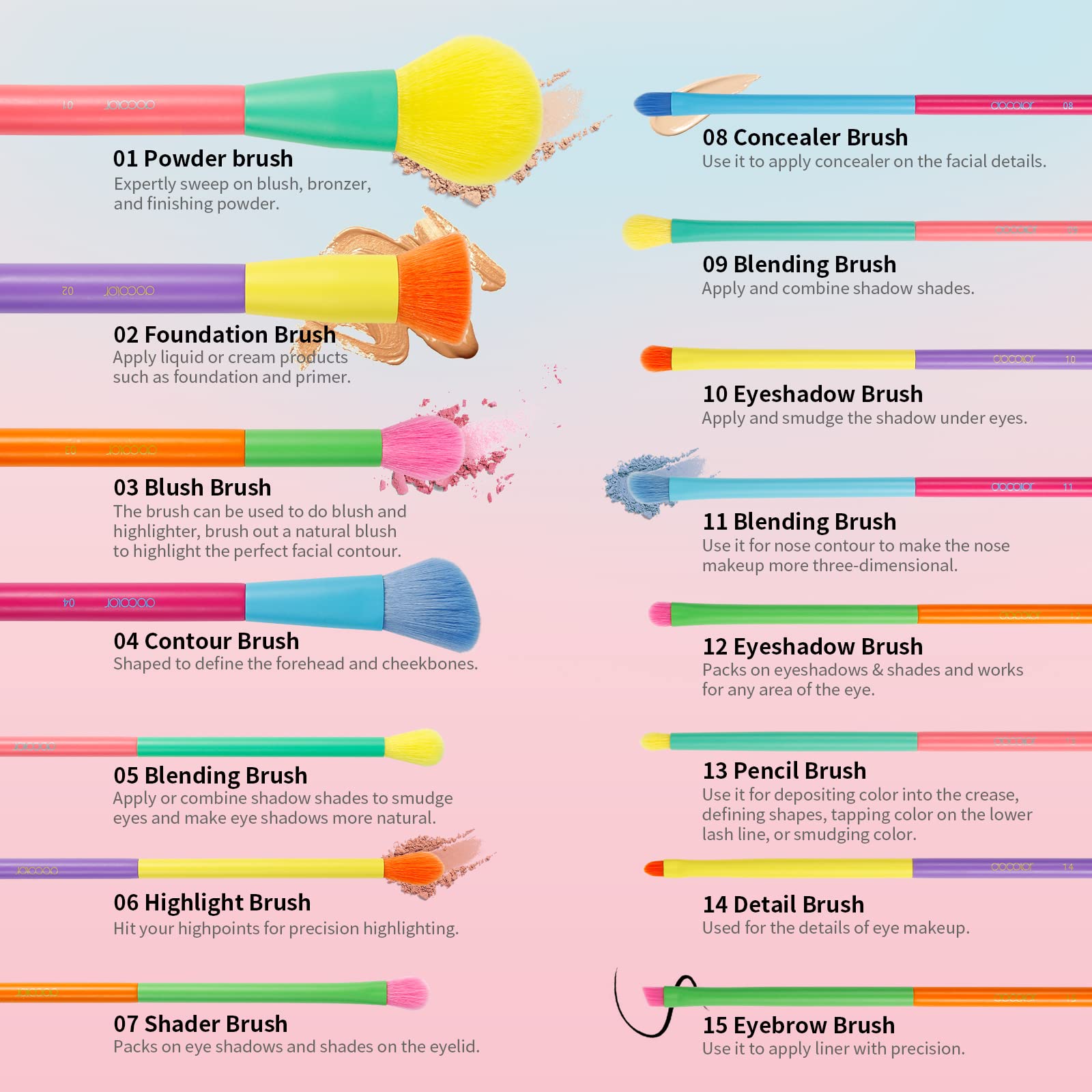 Docolor makeup brushes vibrant colors design closeup adds fun to makeup routine