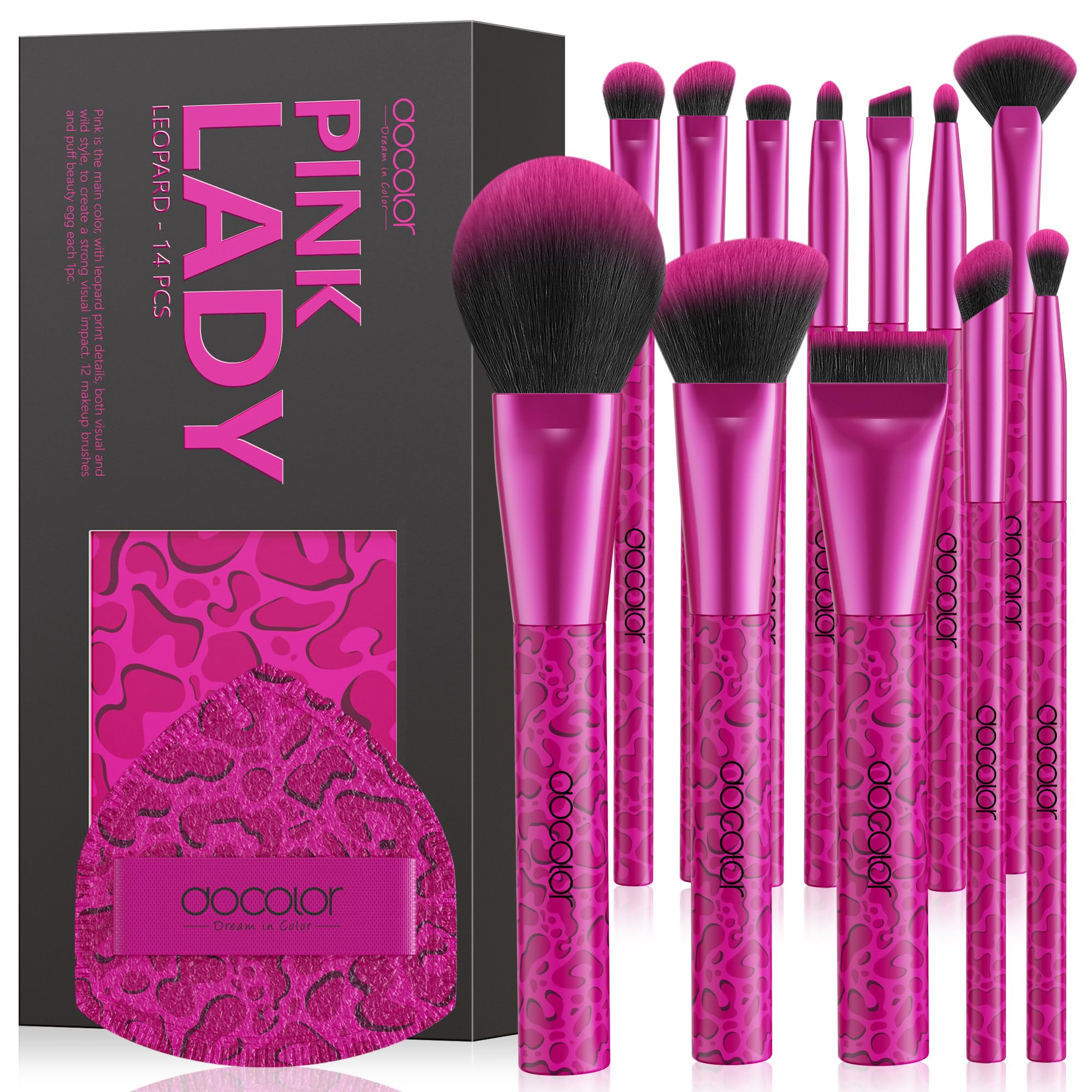 docolor pink leopard collection brush set shown for full-face makeup versatility
