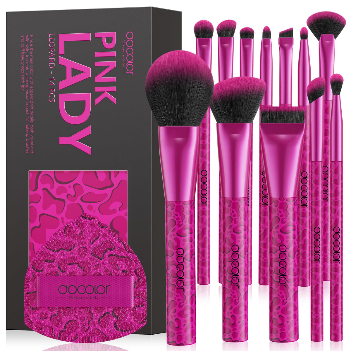 docolor pink leopard collection brush set shown for full-face makeup versatility