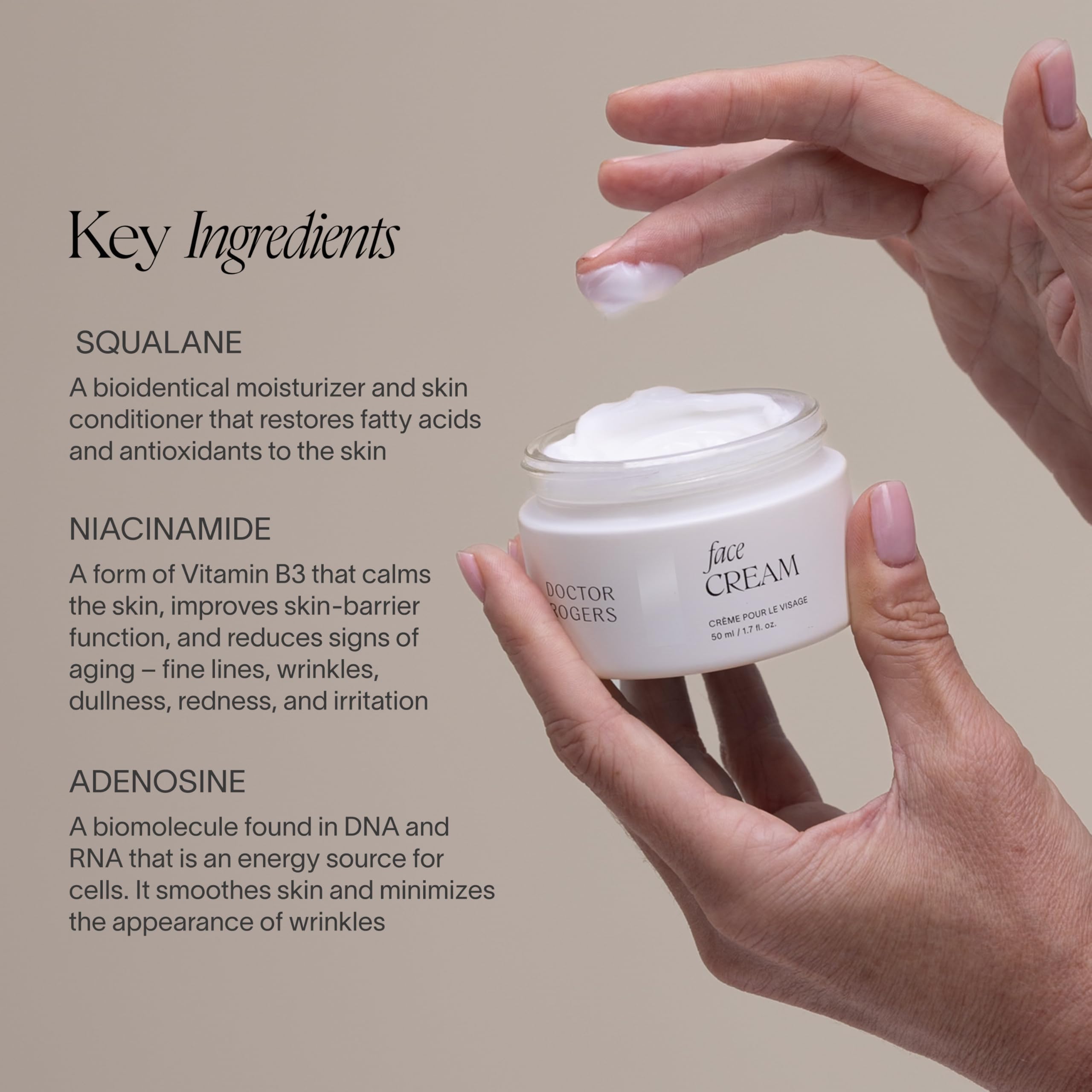 Doctor Rogers Face Cream enriched with niacinamide for balanced skin.