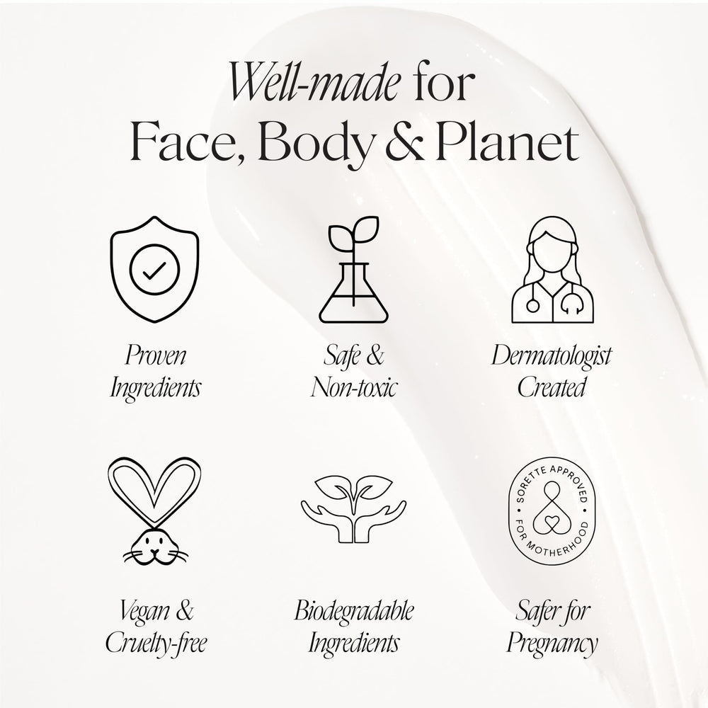 Packaging emphasizes vegan, cruelty-free skincare and sustainability.
