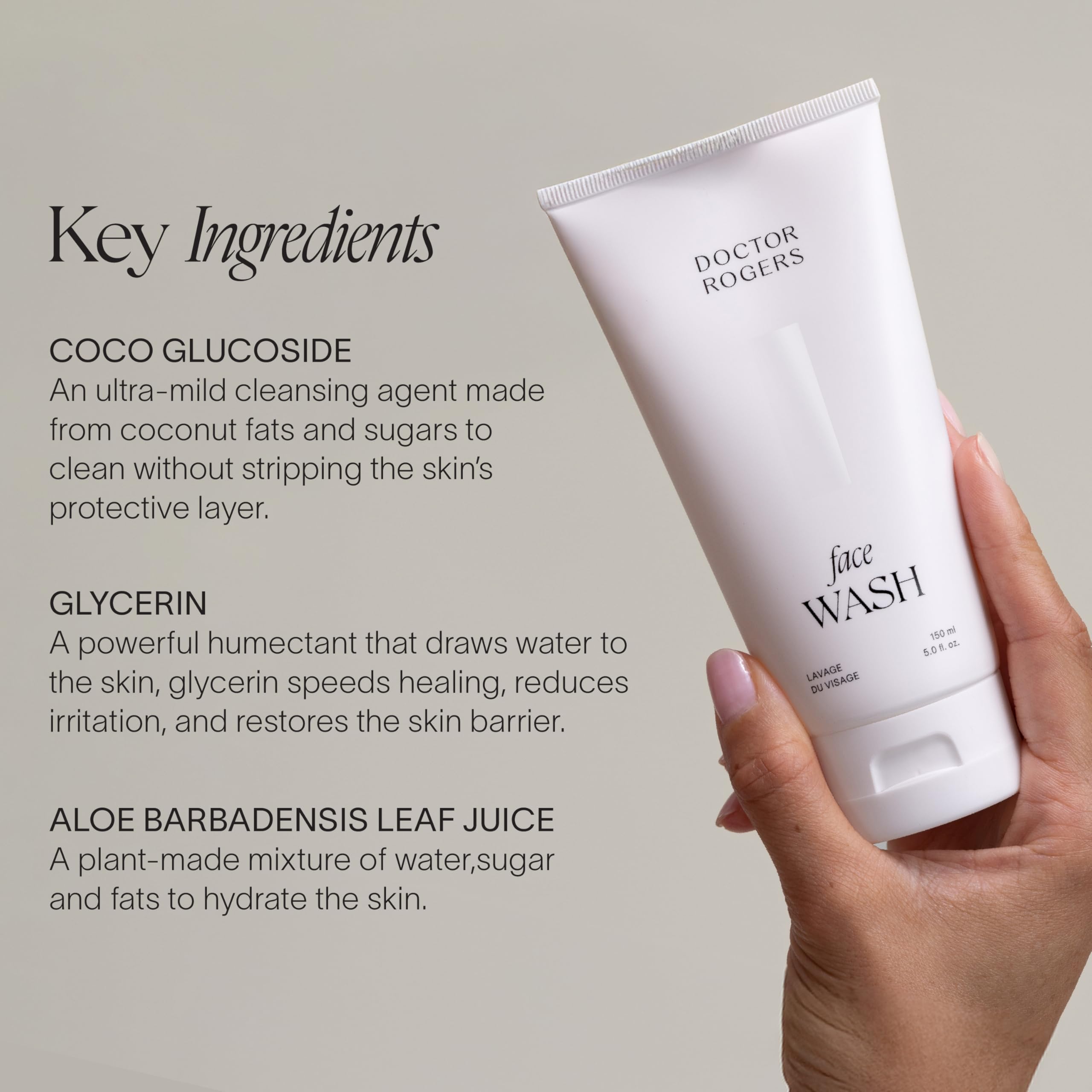 Ingredients highlight: aloe vera and plant-based formula in Doctor Rogers Restore cleanser.