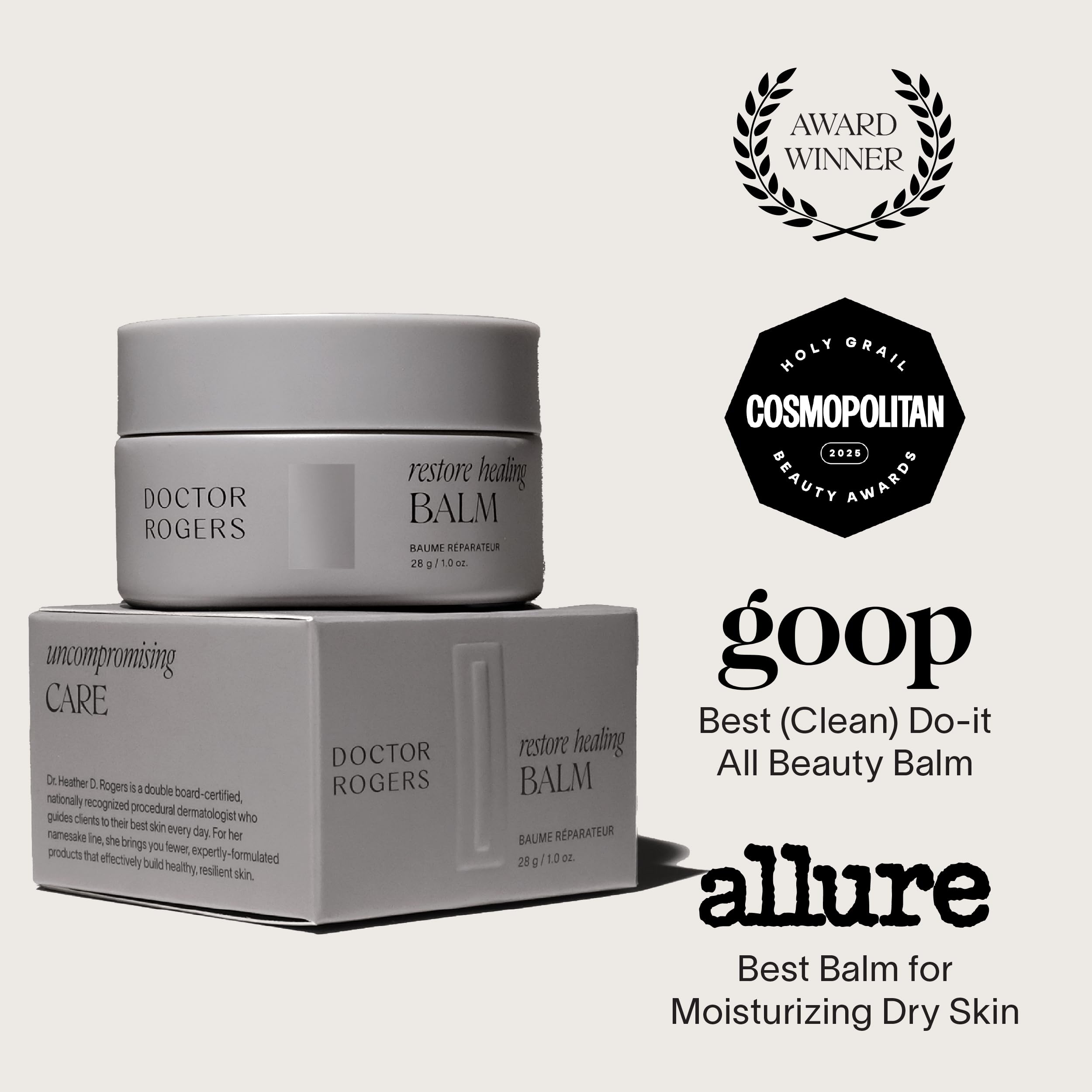 Doctor Rogers Restore Healing Balm used on lips for gentle moisture and protection.