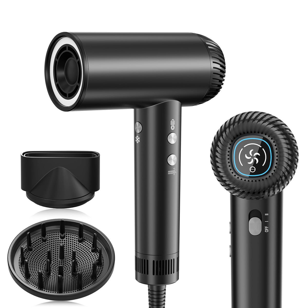 DOFOU hair dryer close-up shows 200k rpm motor for rapid drying