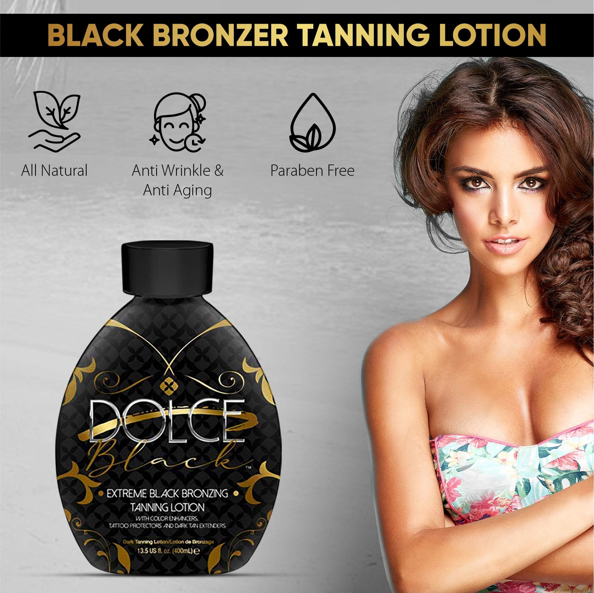 Dolce Black bronzer lotion showcases anti-orange formula for natural, streak-free tanning.