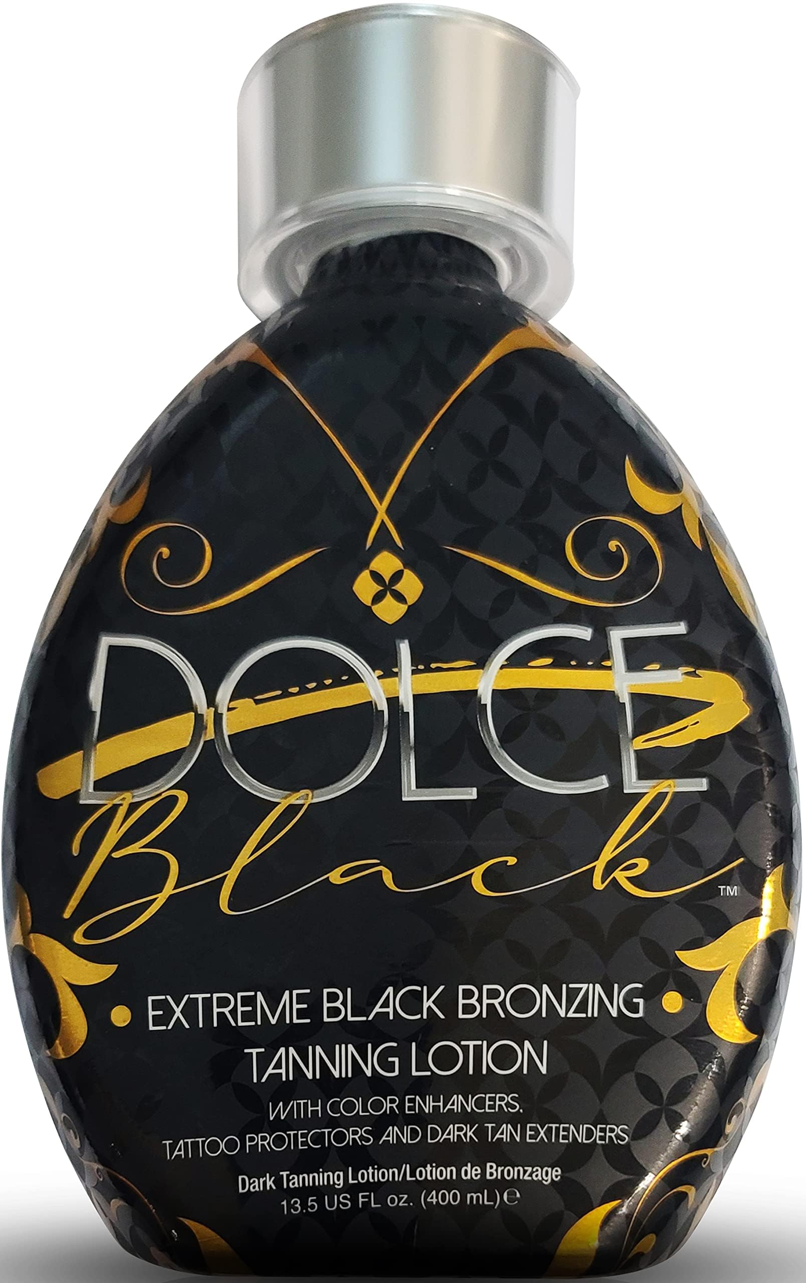 Dolce Black bronzer lotion features odor-eliminator blend to keep tan fresh.