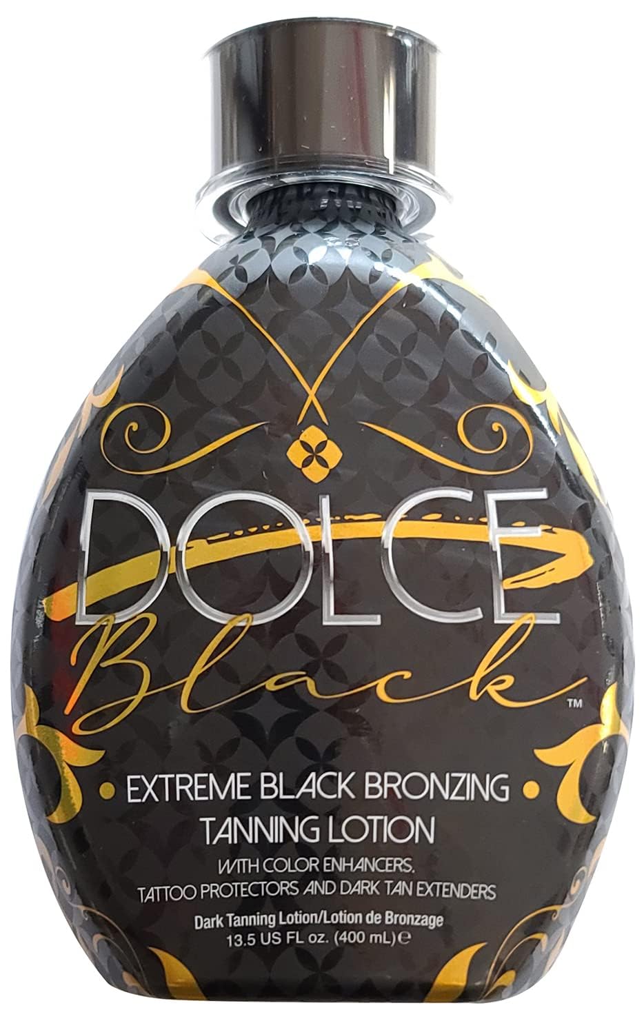 Dolce Black bronzer lotion image highlights tattoo color protection for vibrant ink.