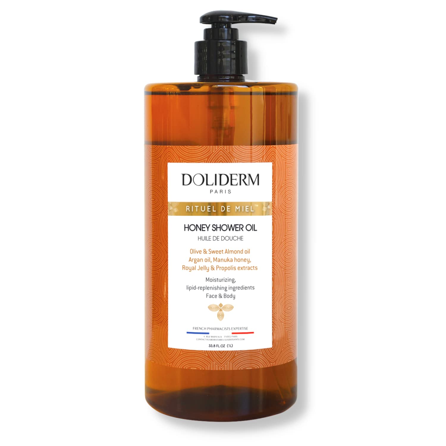 Doliderm Paris Rituel de Miel honey shower oil bottle showing rich hydration potential