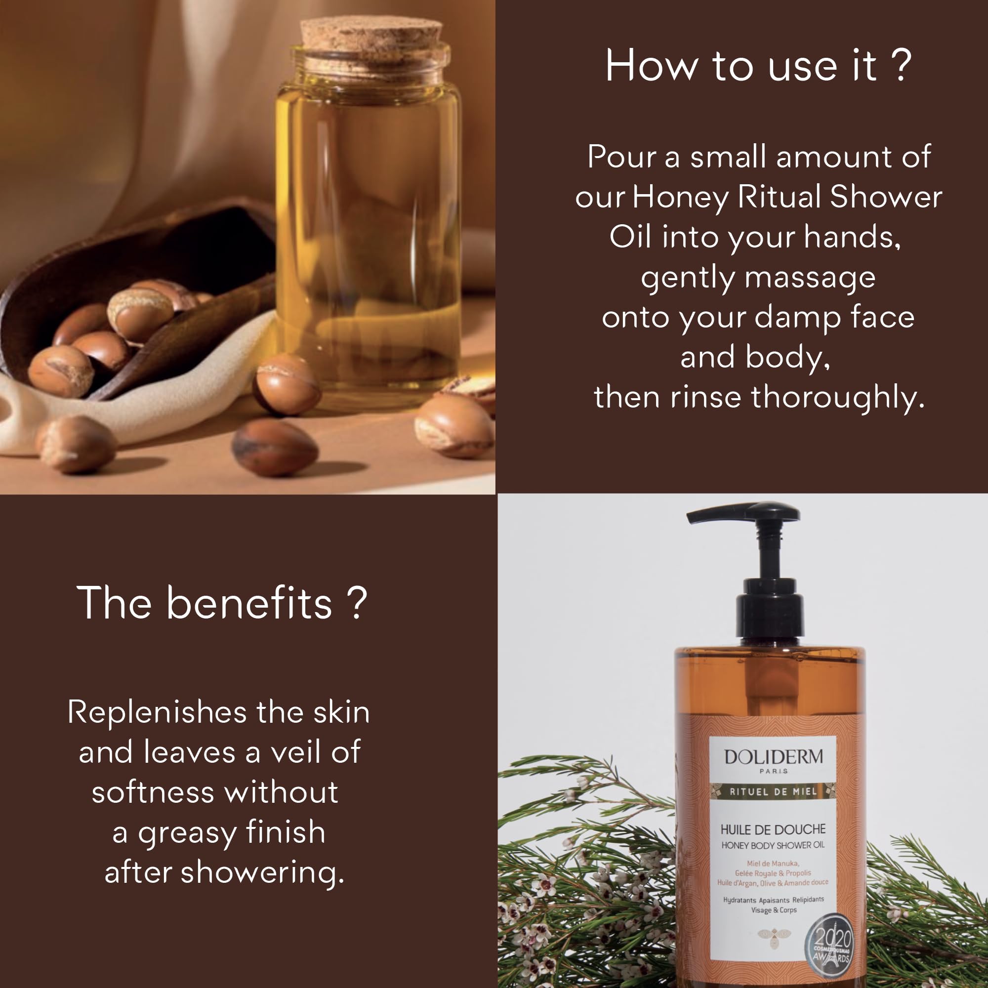 Doliderm Paris Rituel de Miel honey shower oil ingredients list including Manuka honey and propolis