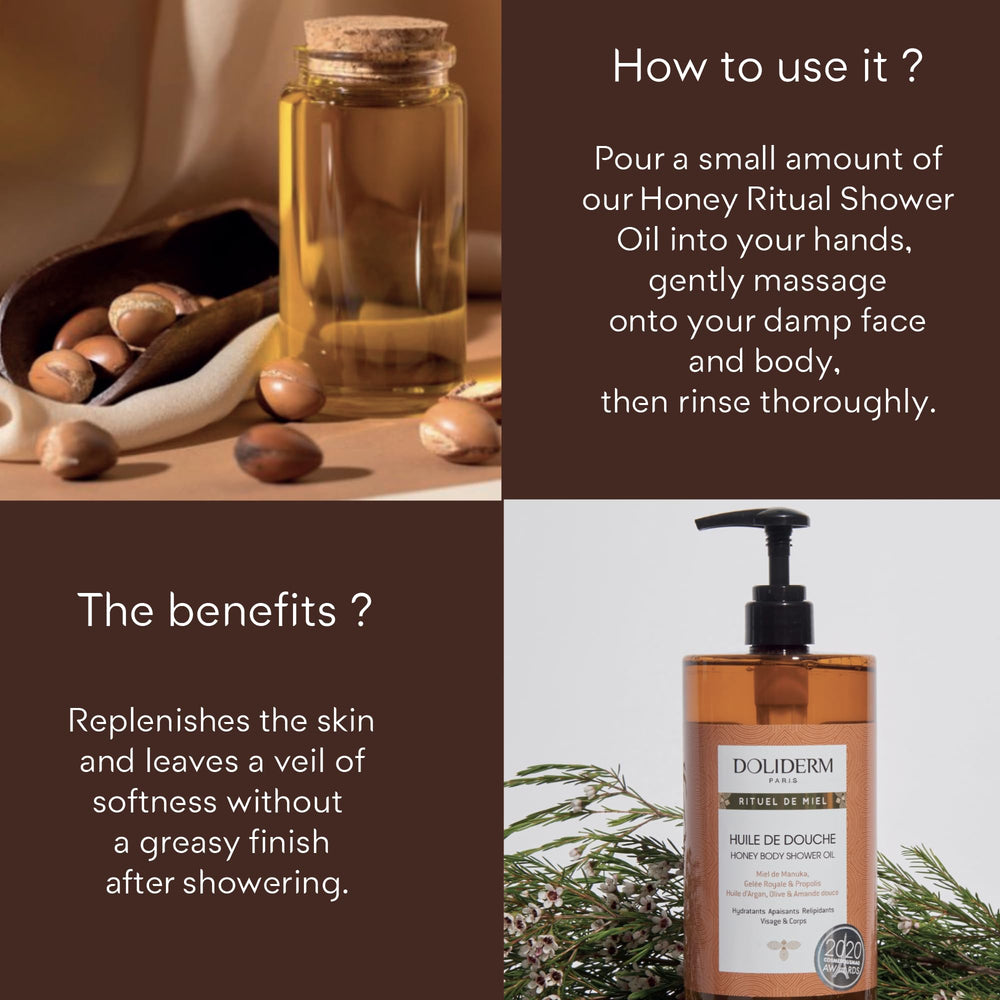 Doliderm Paris Rituel de Miel honey shower oil ingredients list including Manuka honey and propolis