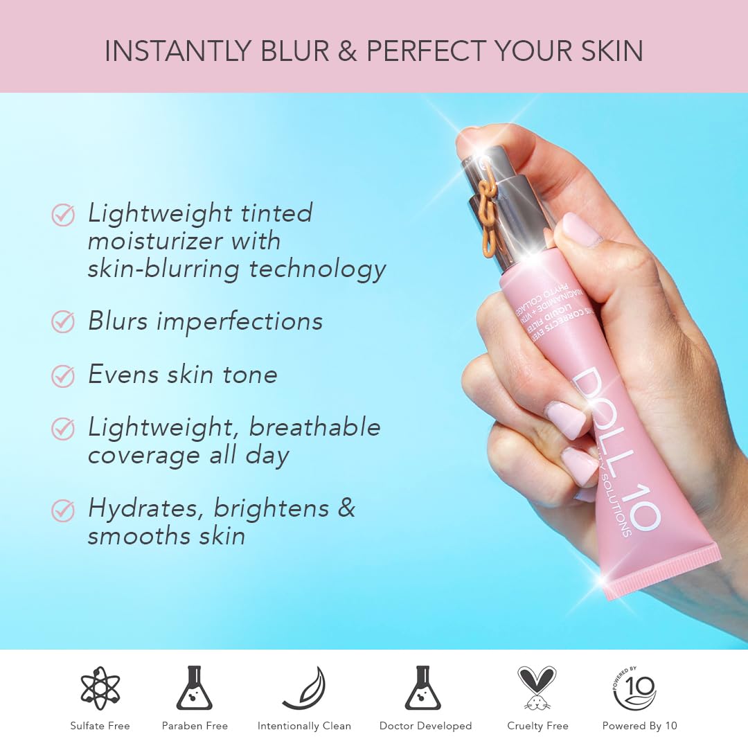 DOLL 10 NO TCE Liquid Filter CC Cream provides a natural glow with a light-to-medium tint.