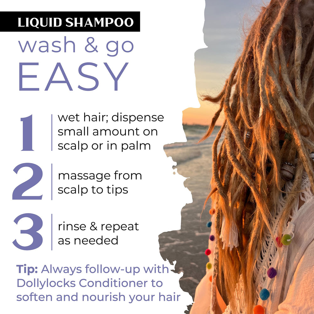 Dollylocks Liquid Shampoo ingredients: aloe and coconut cleansers nourish scalp while clarifying.