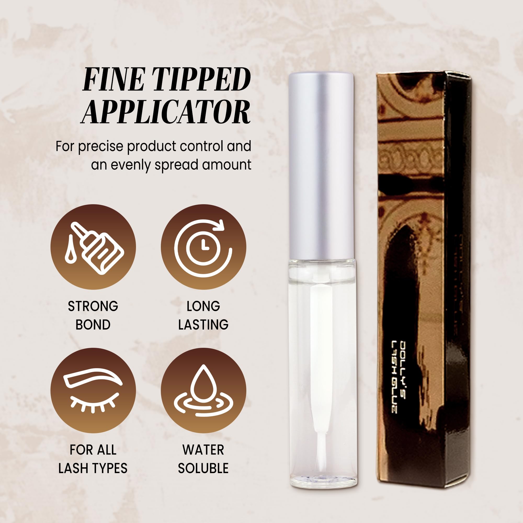 Dolly's Lash glue 5ml laminating agent label highlights durable adhesion.