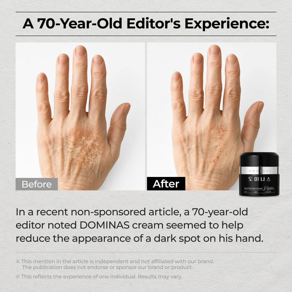 DOMINAS Dark Spot Corrector ingredients niacinamide and tranexamic acid highlighted for brightening.