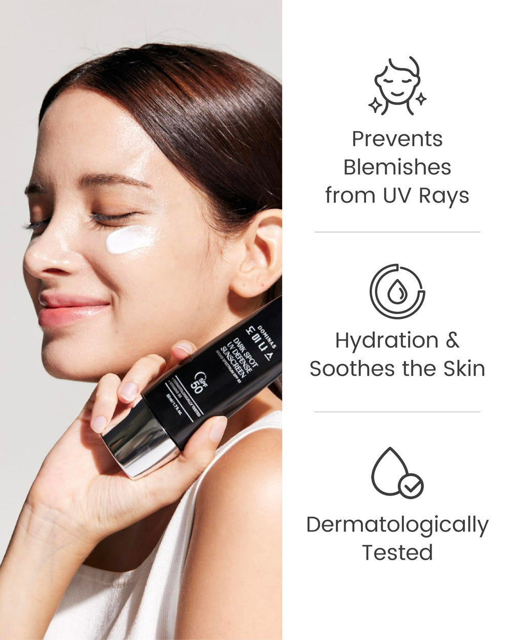 Dominas Tone-Up Sunscreen SPF50 packaging communicates reliable UV protection.