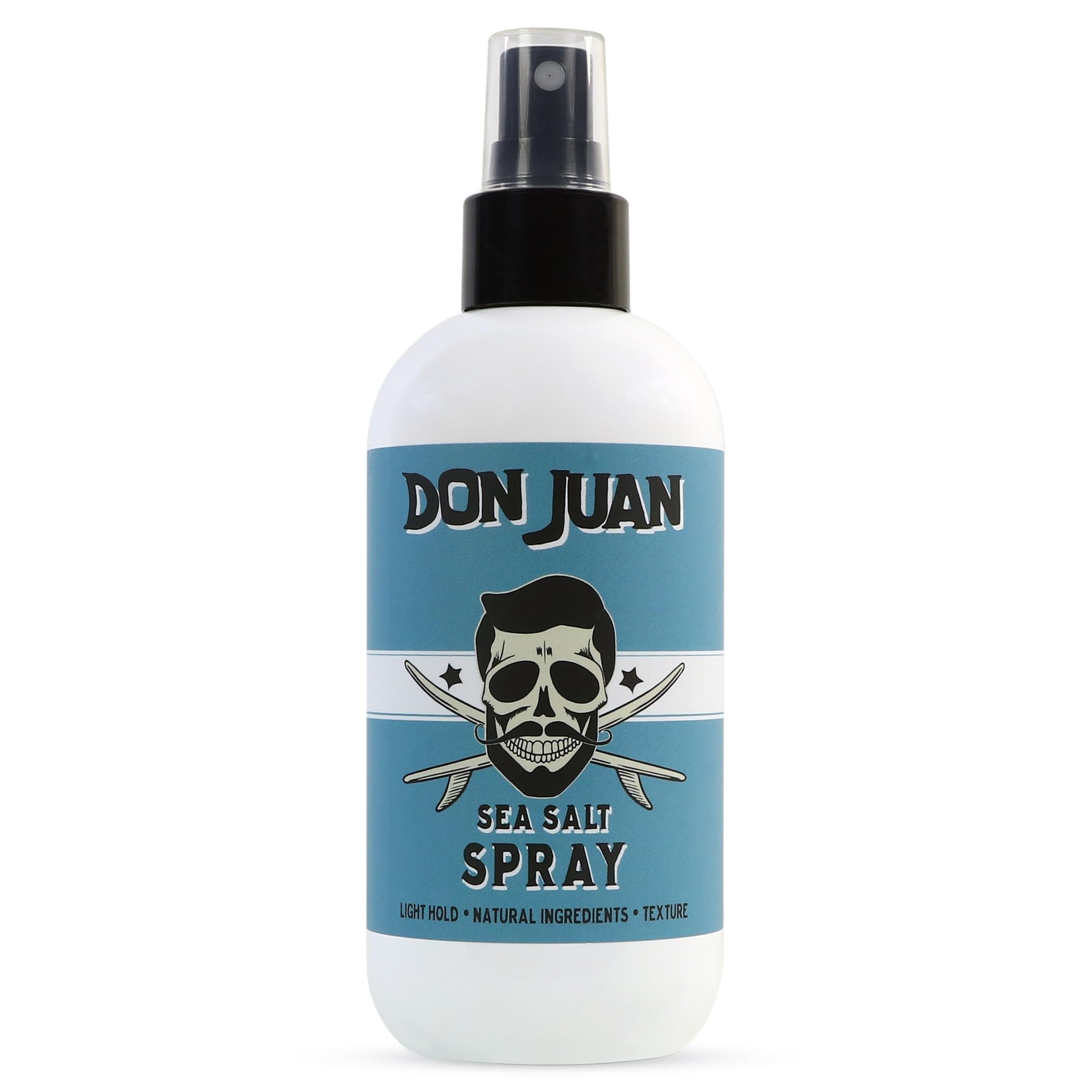 Don Juan sea salt hair spray bottle showing natural ingredients for textured style.