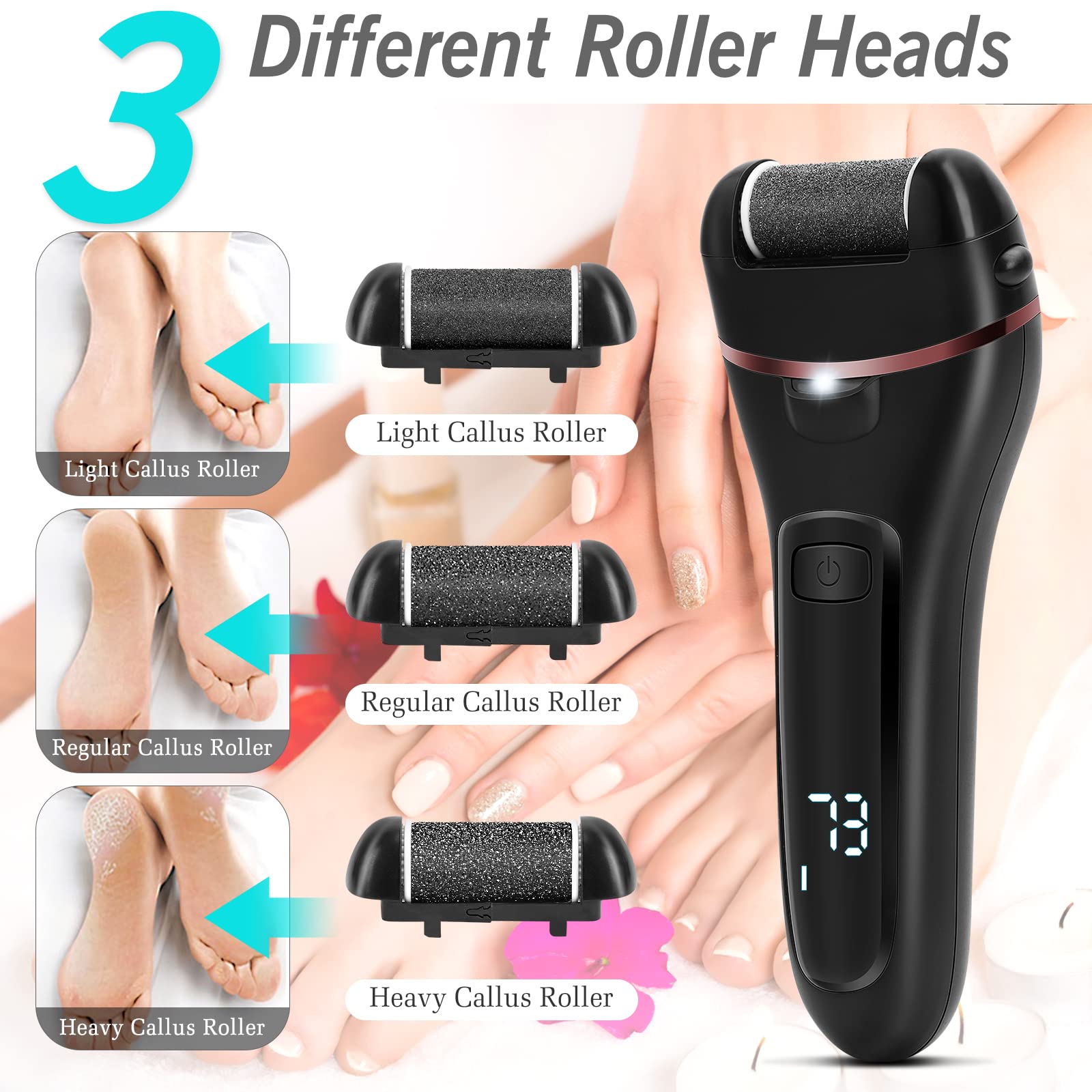 Dongyin callus remover with different roller heads for tailored exfoliation.