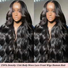 DONXUE body wave wig close-up with HD lace for natural scalp blending.