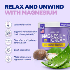 DOODLE HOG Lavender Magnesium Cream with Aloe Vera providing light hydration for tired muscles.