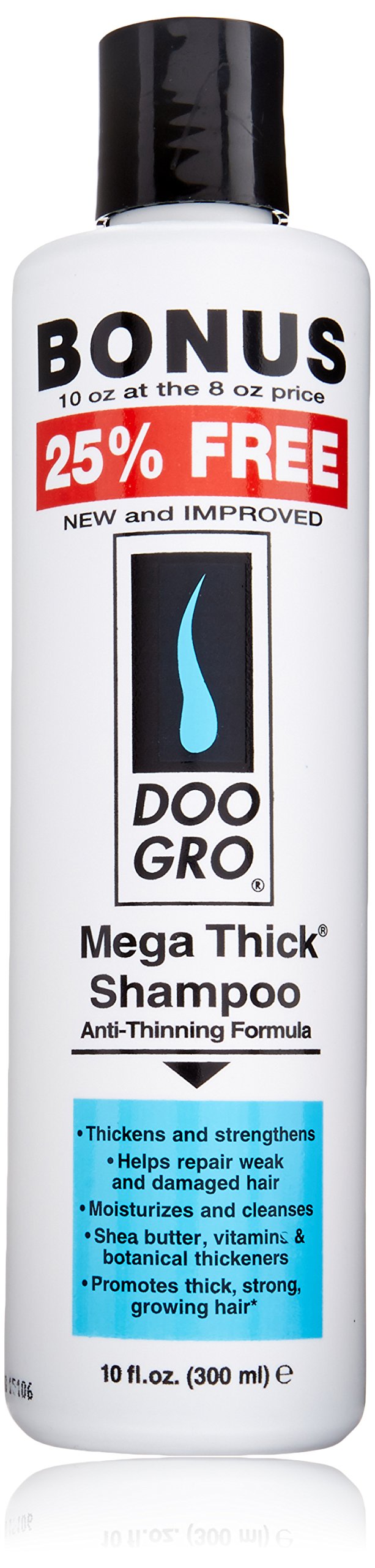 Doo Gro Mega Thick Growth Shampoo bottle shows nourishing formula for repairing and thickening hair