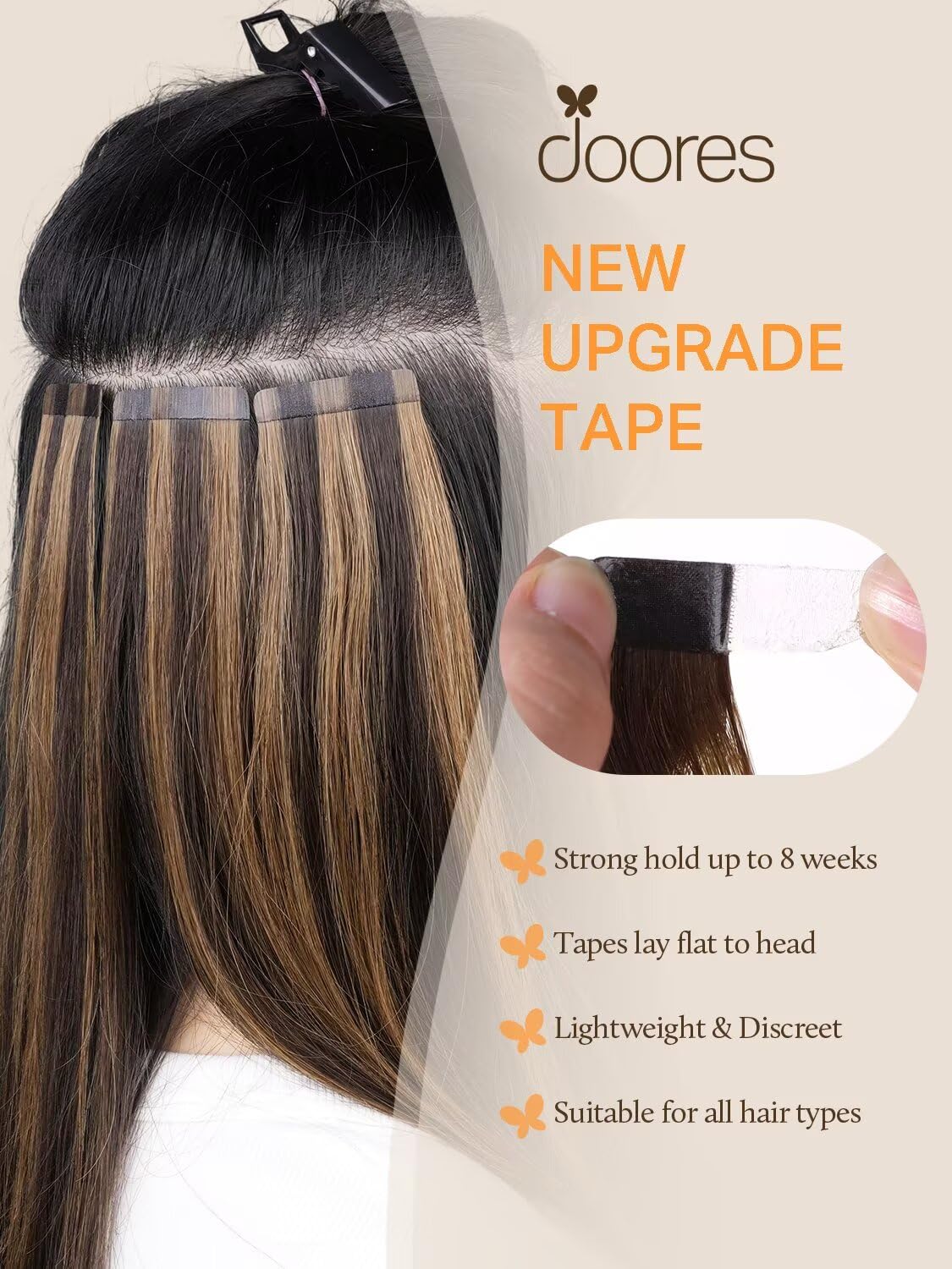 DOORES invisible tape close-up emphasizes replaceable adhesive for 4-6 week wear