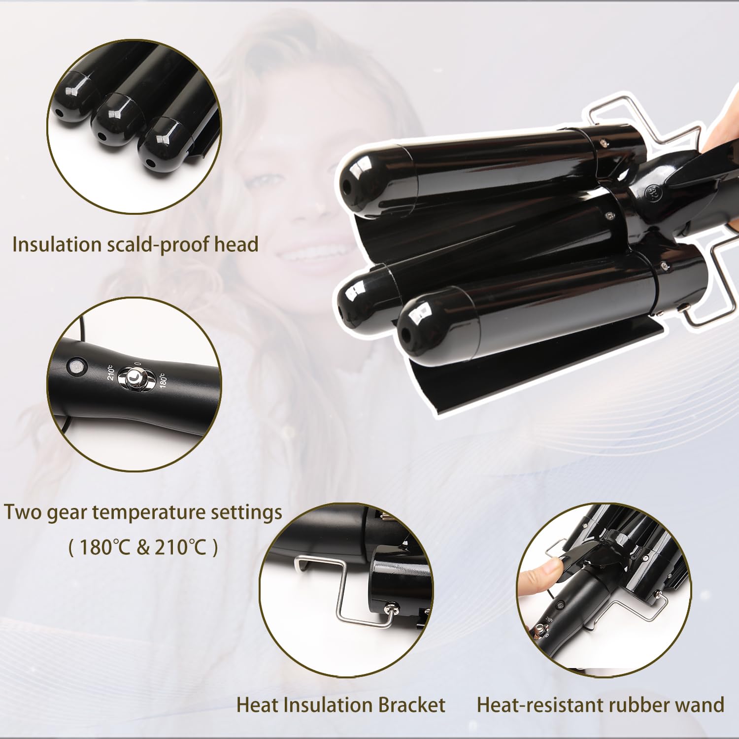 Dopheuor 32mm triple barrels image focuses on even heat and long-lasting curls.